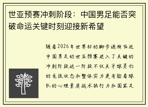 世亚预赛冲刺阶段：中国男足能否突破命运关键时刻迎接新希望